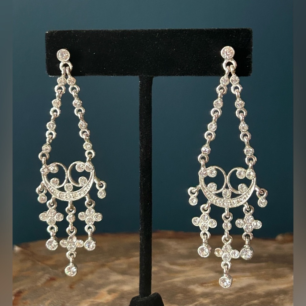Vintage Monat Crystal Chandelier Silver Tone Pierced Earrings - Picture 2 of 11